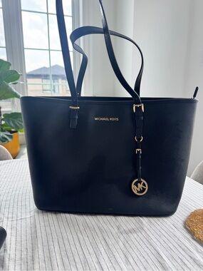 Michael Kors Black Saffiano Leather Tote with Gold MK Charm
